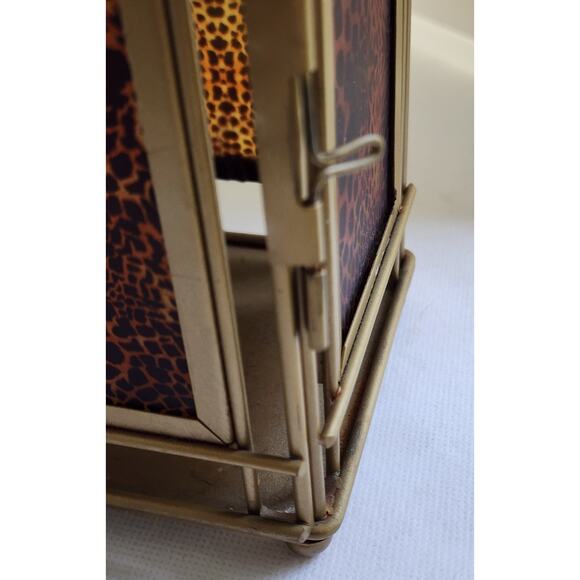 CANDLE HOLDER/Gold Tone-Leopard Glass Sides, Handle to Hang, Latch Door - Picture 8 of 11